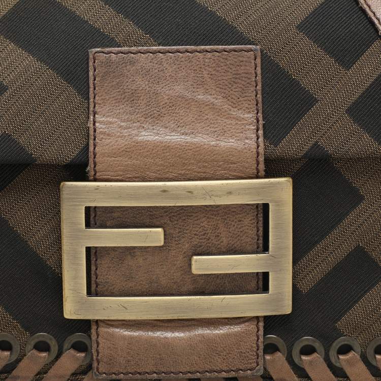 Pre Owned Fendi Tobacco Zucca Canvas and Leather Large Whipstitch Baguette Bag