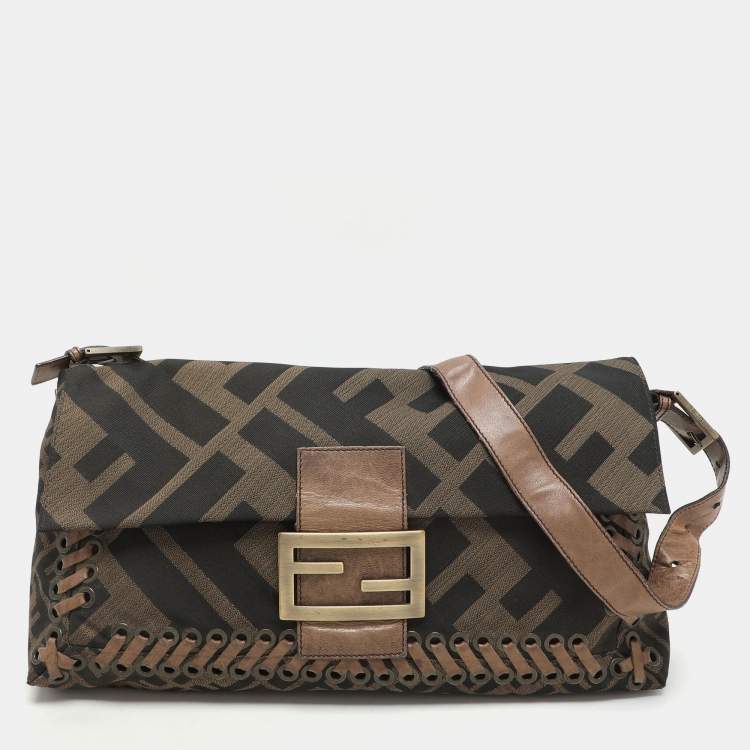 Pre Owned Fendi Tobacco Zucca Canvas and Leather Large Whipstitch Baguette Bag