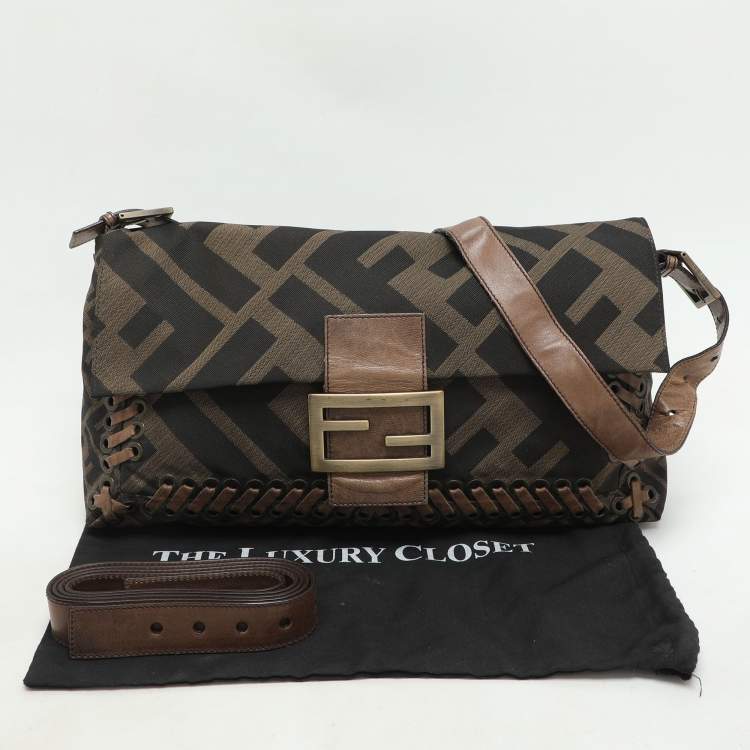 Pre Owned Fendi Tobacco Zucca Canvas and Leather Large Whipstitch Baguette Bag