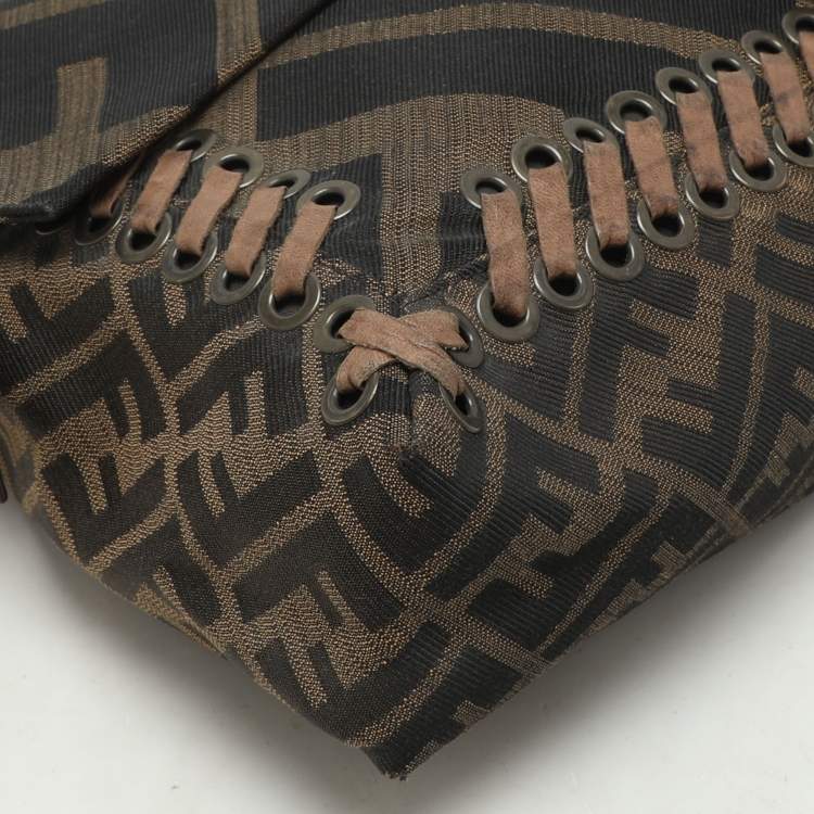 Pre Owned Fendi Tobacco Zucca Canvas and Leather Large Whipstitch Baguette Bag