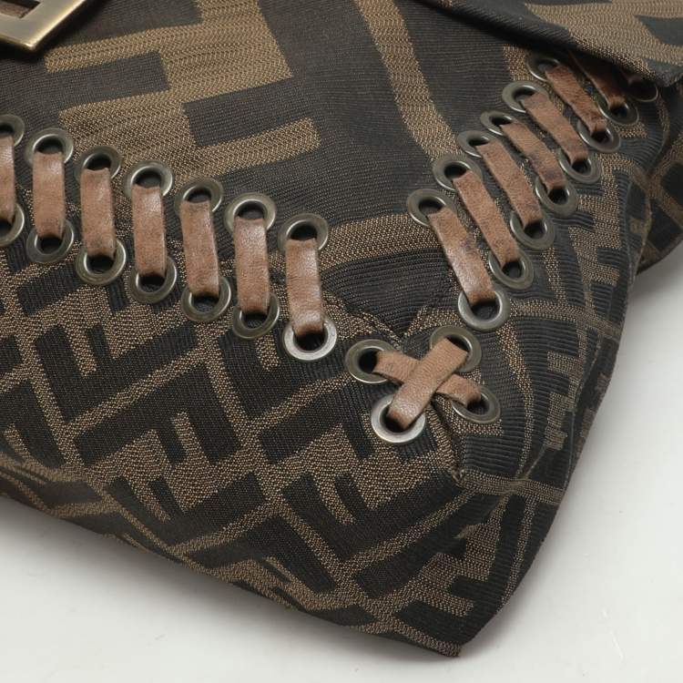 Pre Owned Fendi Tobacco Zucca Canvas and Leather Large Whipstitch Baguette Bag