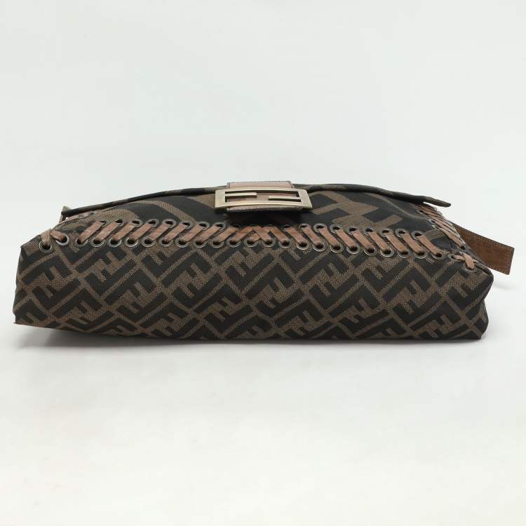 Pre Owned Fendi Tobacco Zucca Canvas and Leather Large Whipstitch Baguette Bag