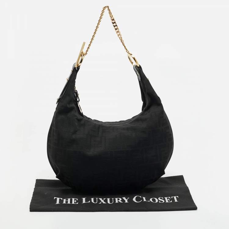 Pre Owned Fendi Black Zucca Canvas and Patent Leather Chef Chain Hobo