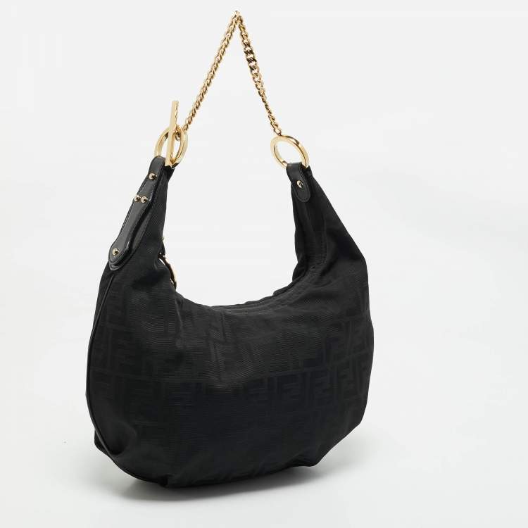 Pre Owned Fendi Black Zucca Canvas and Patent Leather Chef Chain Hobo
