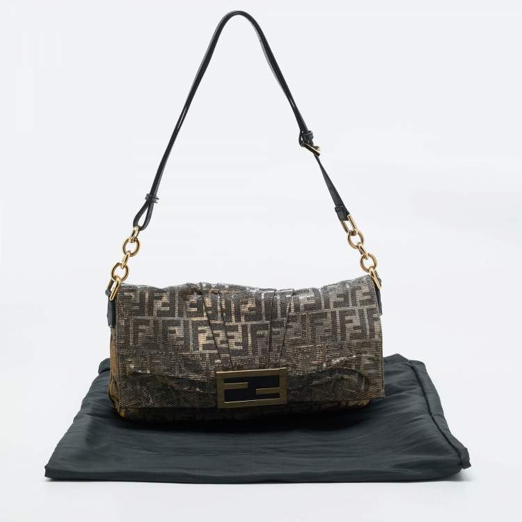 Pre Owned Fendi Silver/Gold Zucca Lurex Fabric and Leather Large Mia Flap Bag