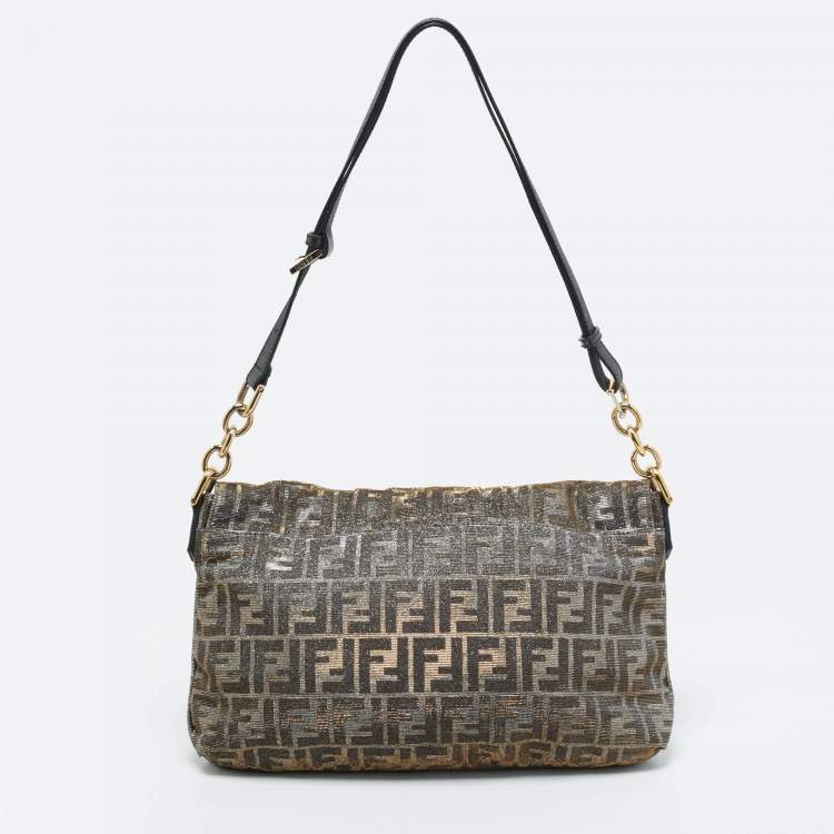 Pre Owned Fendi Silver/Gold Zucca Lurex Fabric and Leather Large Mia Flap Bag