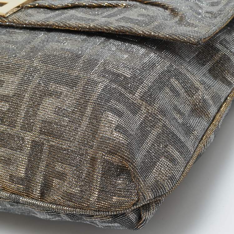 Pre Owned Fendi Silver/Gold Zucca Lurex Fabric and Leather Large Mia Flap Bag