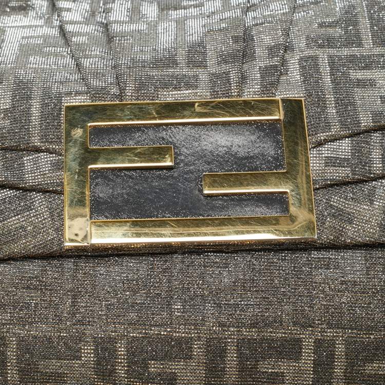 Pre Owned Fendi Silver/Gold Zucca Lurex Fabric and Leather Large Mia Flap Bag