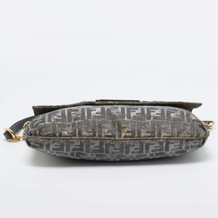 Pre Owned Fendi Silver/Gold Zucca Lurex Fabric and Leather Large Mia Flap Bag