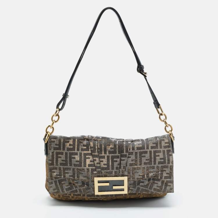 Pre Owned Fendi Silver/Gold Zucca Lurex Fabric and Leather Large Mia Flap Bag