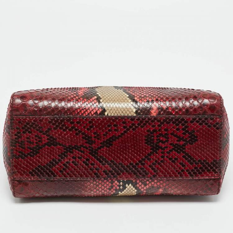 Pre Owned Fendi Red/Beige Python Mini Peekaboo Top Handle Bag