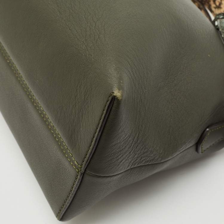 Pre Owned Fendi Dark Green/Beige Leather and Snakeskin Trim Medium By The Way Bag