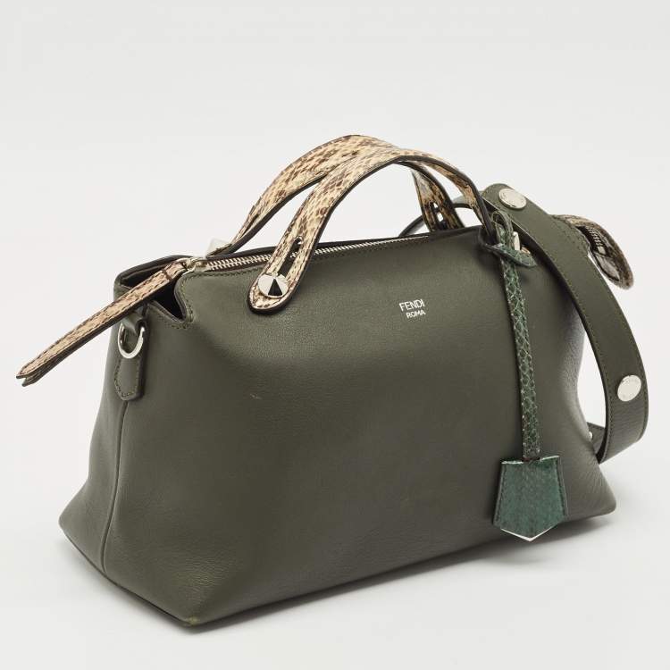 Pre Owned Fendi Dark Green/Beige Leather and Snakeskin Trim Medium By The Way Bag