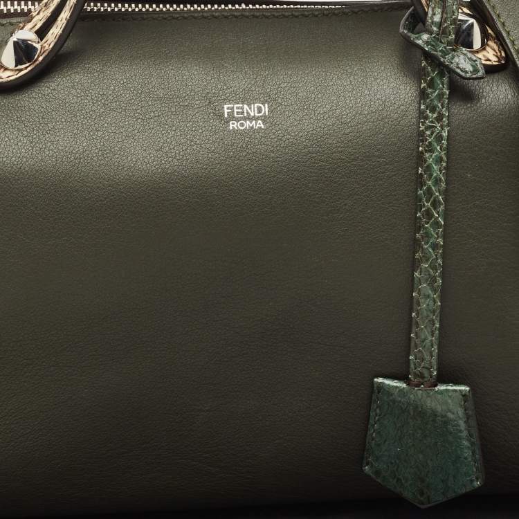 Pre Owned Fendi Dark Green/Beige Leather and Snakeskin Trim Medium By The Way Bag