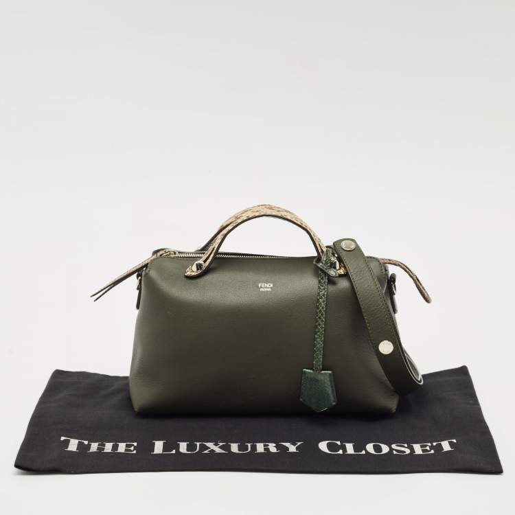Pre Owned Fendi Dark Green/Beige Leather and Snakeskin Trim Medium By The Way Bag