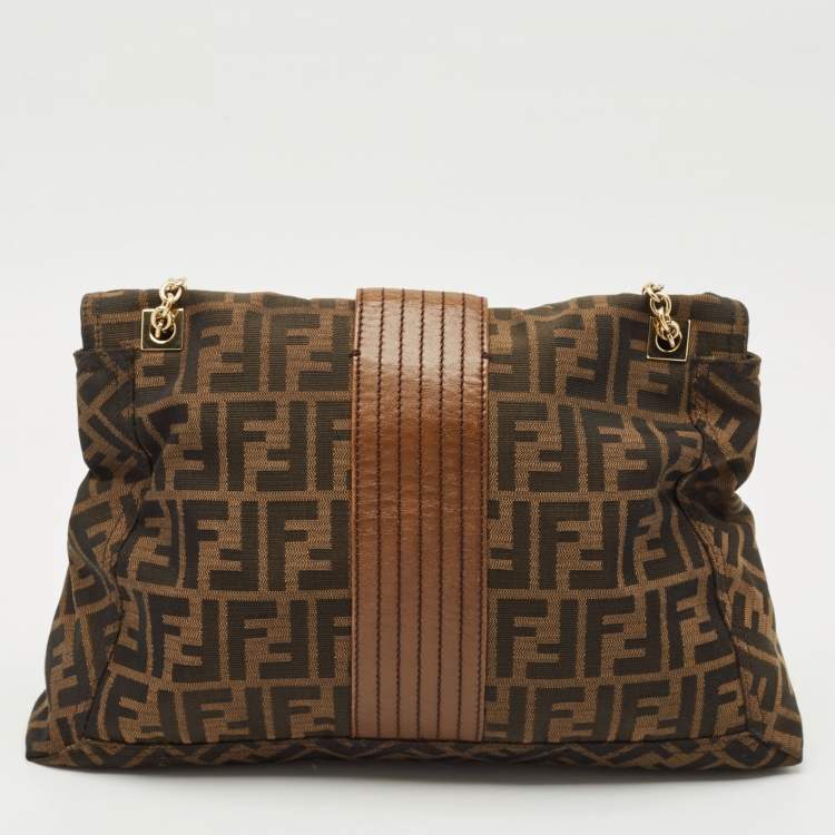 Pre Owned Fendi Tobacco Zucca Canvas and Leather Maxi Baguette Flap Shoulder Bag