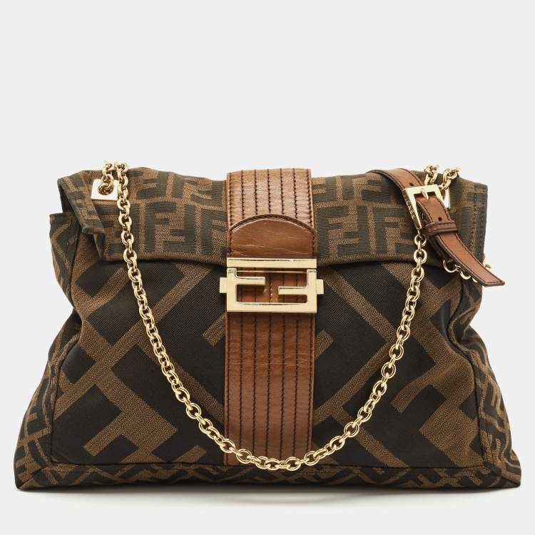 Pre Owned Fendi Tobacco Zucca Canvas and Leather Maxi Baguette Flap Shoulder Bag