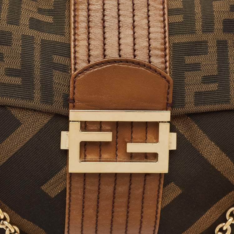 Pre Owned Fendi Tobacco Zucca Canvas and Leather Maxi Baguette Flap Shoulder Bag