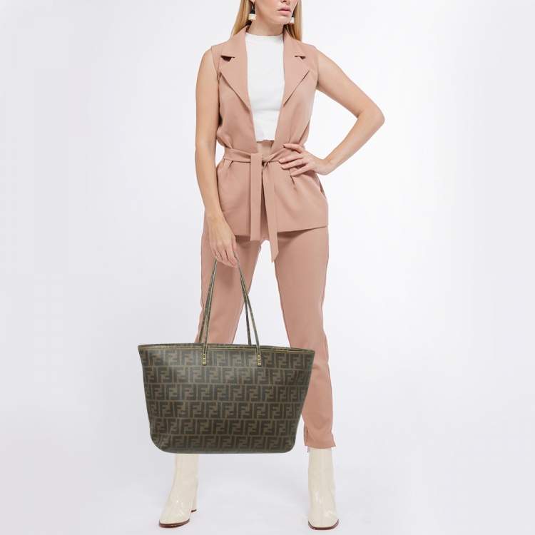 Pre Owned Fendi Tobacco Zucca Coated Canvas Medium Roll Shopper Tote