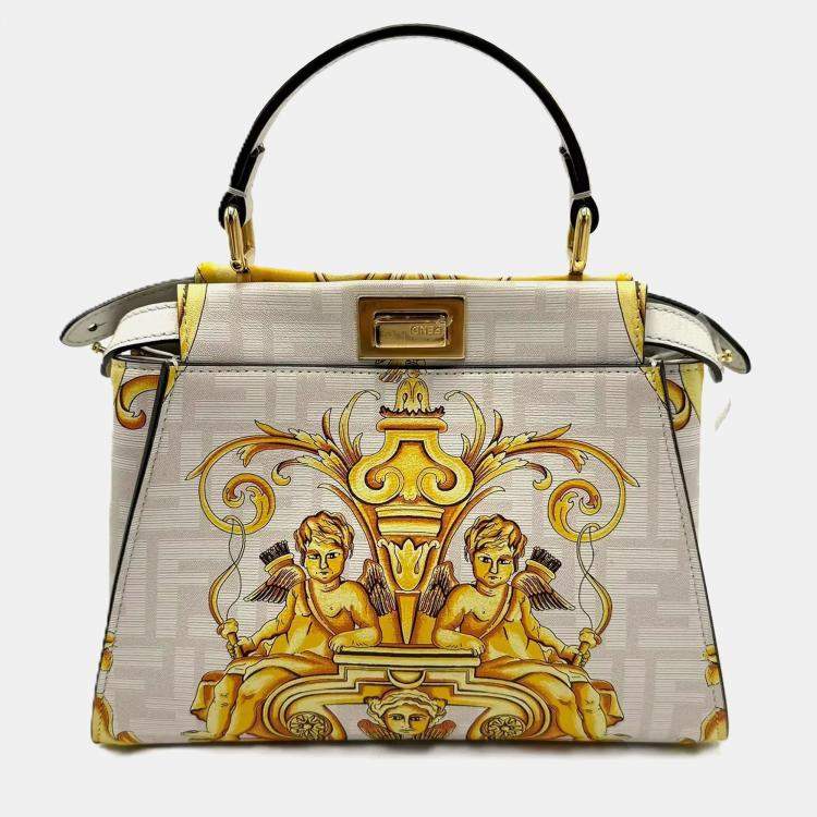 Pre Owned Fendi x Versace Yellow/White Zucca Baroque Print Leather Mini Fendace Peekaboo Top Handle Bag