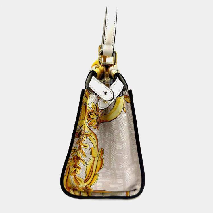 Pre Owned Fendi x Versace Yellow/White Zucca Baroque Print Leather Mini Fendace Peekaboo Top Handle Bag