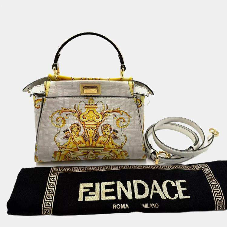 Pre Owned Fendi x Versace Yellow/White Zucca Baroque Print Leather Mini Fendace Peekaboo Top Handle Bag