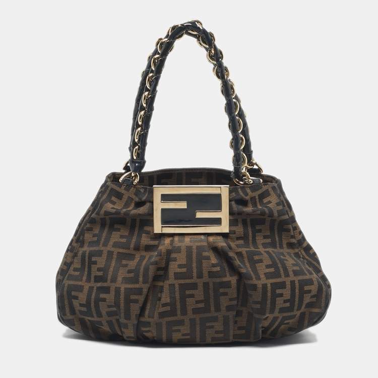 Pre Owned Fendi Tobacco Zucca Canvas and Patent Leather Small Mia Hobo