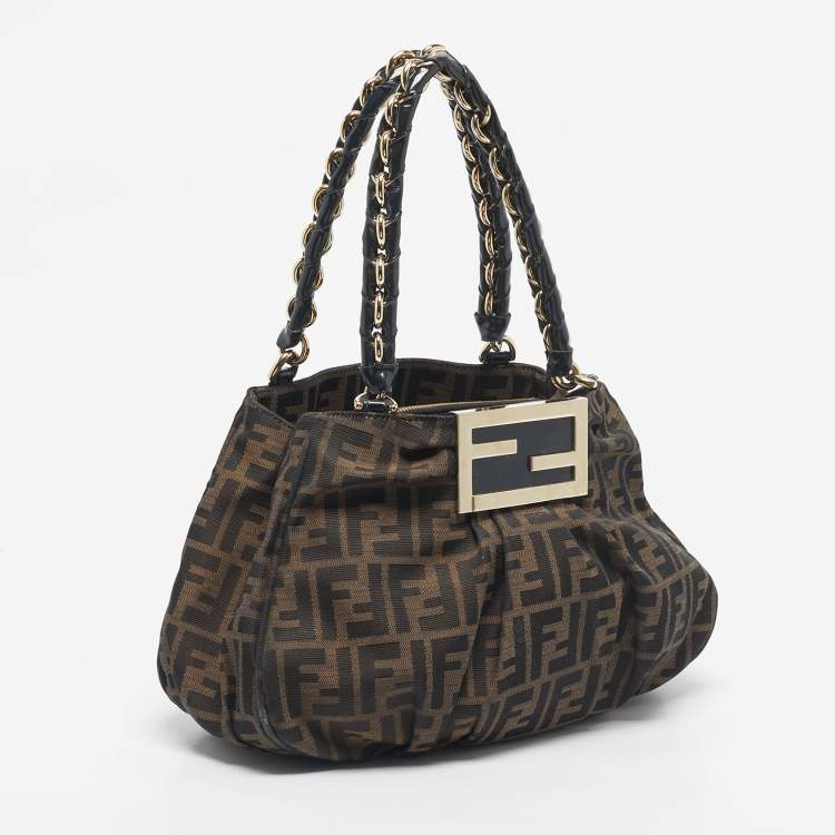 Pre Owned Fendi Tobacco Zucca Canvas and Patent Leather Small Mia Hobo