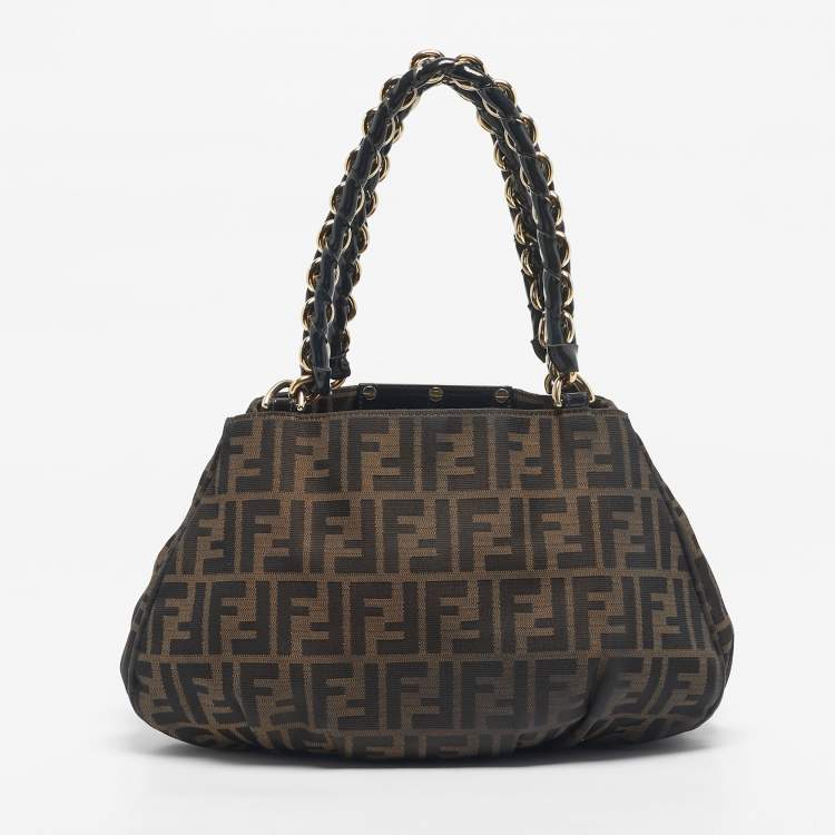 Pre Owned Fendi Tobacco Zucca Canvas and Patent Leather Small Mia Hobo