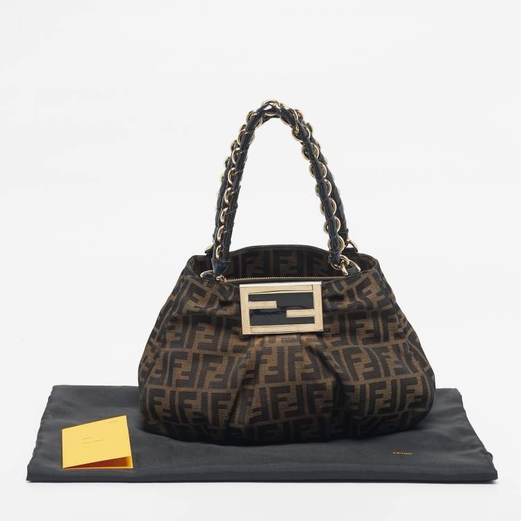 Pre Owned Fendi Tobacco Zucca Canvas and Patent Leather Small Mia Hobo