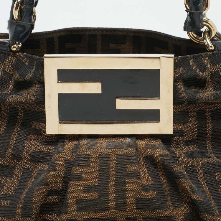 Pre Owned Fendi Tobacco Zucca Canvas and Patent Leather Small Mia Hobo