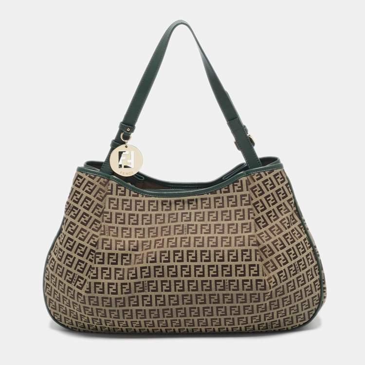 Pre Owned Fendi Green/Beige Zucchino Canvas Charm Shoulder Bag