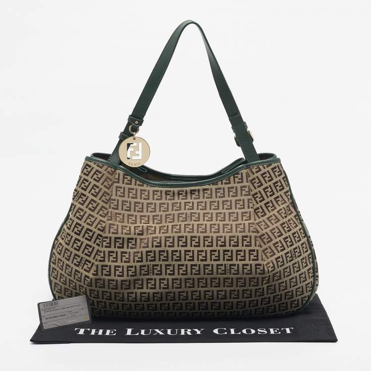 Pre Owned Fendi Green/Beige Zucchino Canvas Charm Shoulder Bag