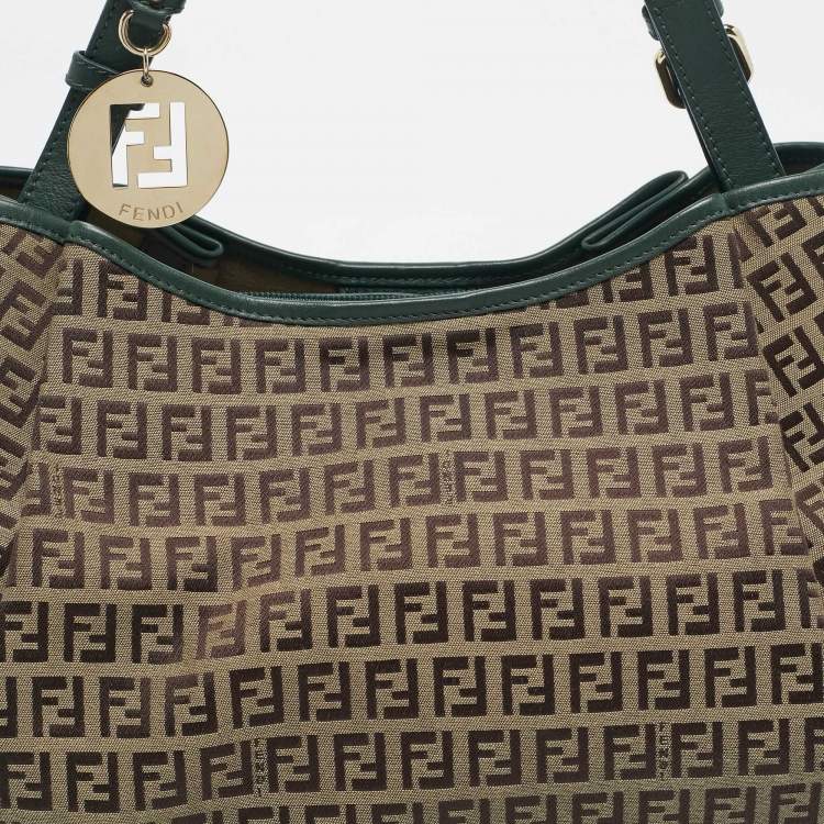 Pre Owned Fendi Green/Beige Zucchino Canvas Charm Shoulder Bag