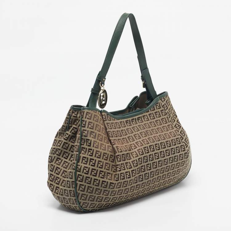 Pre Owned Fendi Green/Beige Zucchino Canvas Charm Shoulder Bag