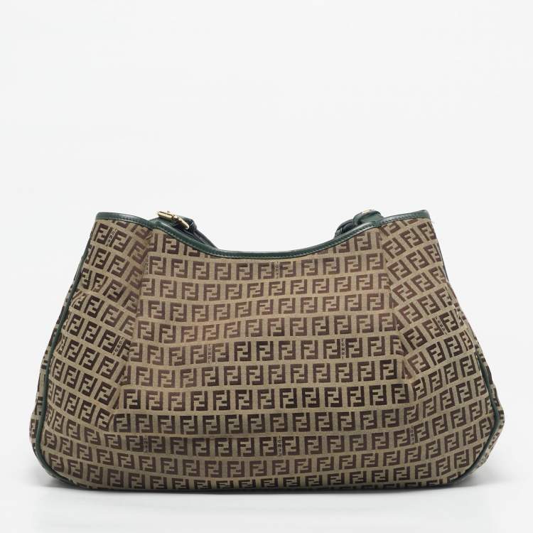 Pre Owned Fendi Green/Beige Zucchino Canvas Charm Shoulder Bag