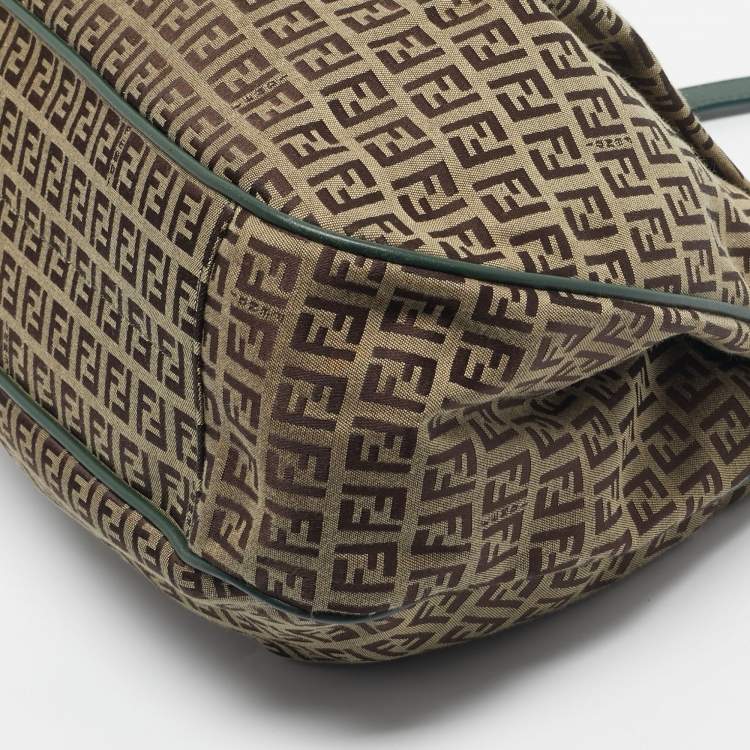Pre Owned Fendi Green/Beige Zucchino Canvas Charm Shoulder Bag