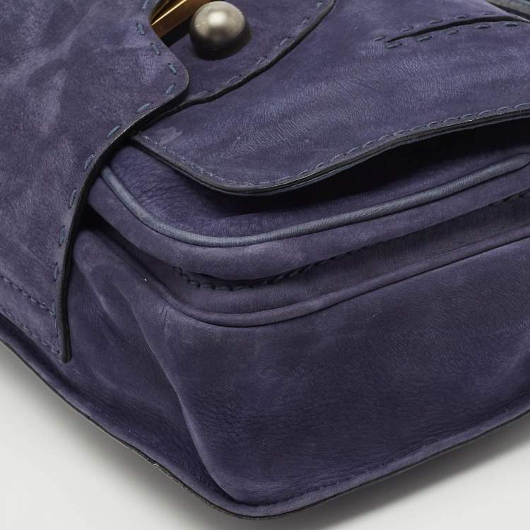 Pre Owned Fendi Dark Blue Suede Secret Code Top Handle Bag