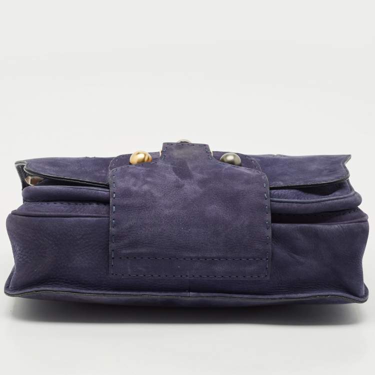 Pre Owned Fendi Dark Blue Suede Secret Code Top Handle Bag