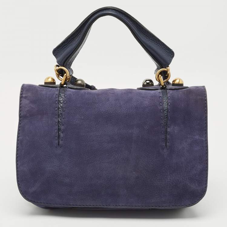 Pre Owned Fendi Dark Blue Suede Secret Code Top Handle Bag
