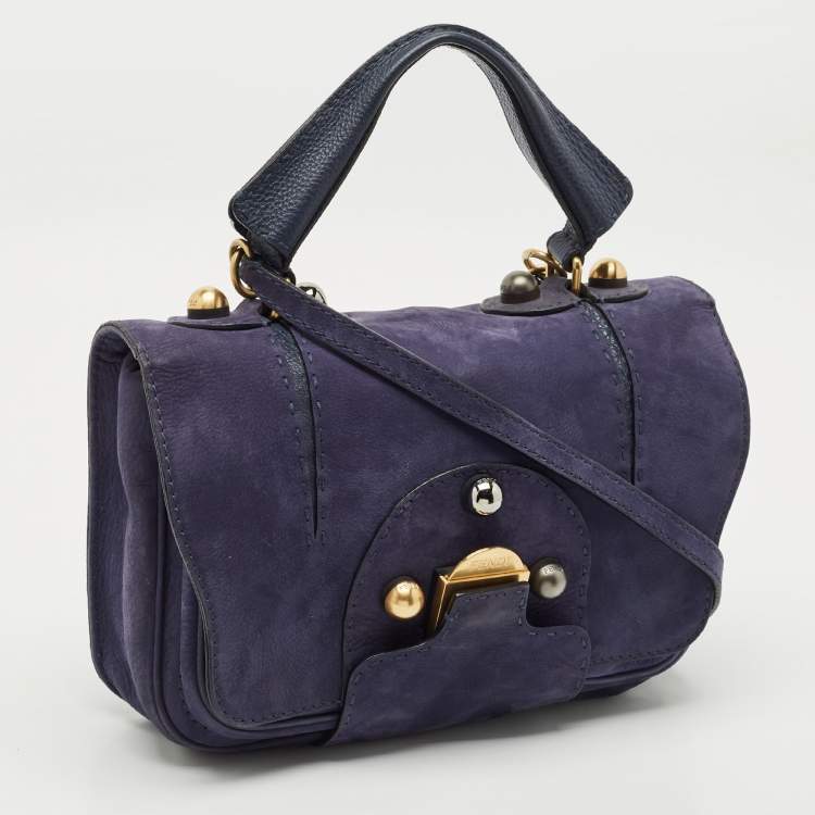 Pre Owned Fendi Dark Blue Suede Secret Code Top Handle Bag