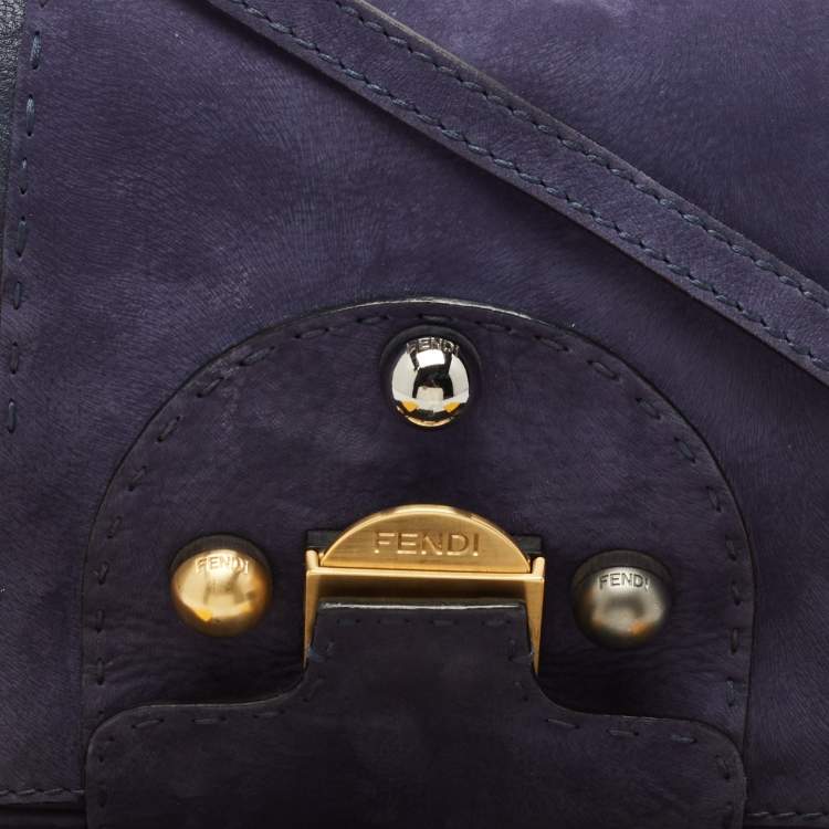 Pre Owned Fendi Dark Blue Suede Secret Code Top Handle Bag