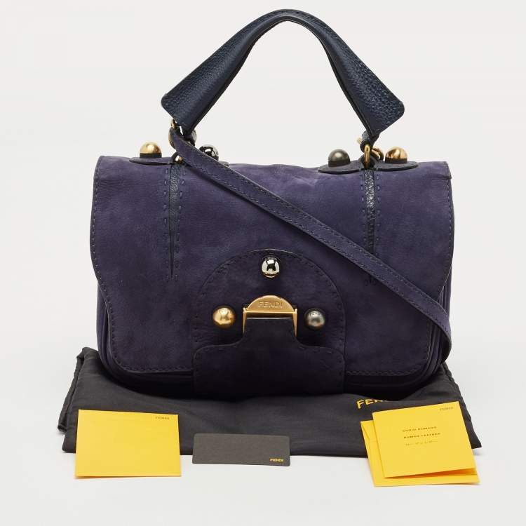 Pre Owned Fendi Dark Blue Suede Secret Code Top Handle Bag