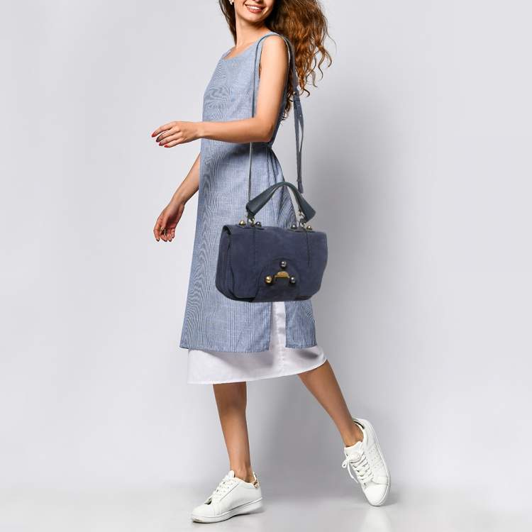 Pre Owned Fendi Dark Blue Suede Secret Code Top Handle Bag