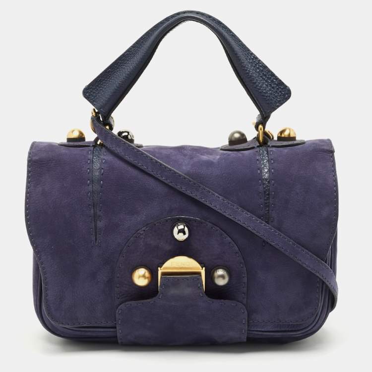 Pre Owned Fendi Dark Blue Suede Secret Code Top Handle Bag