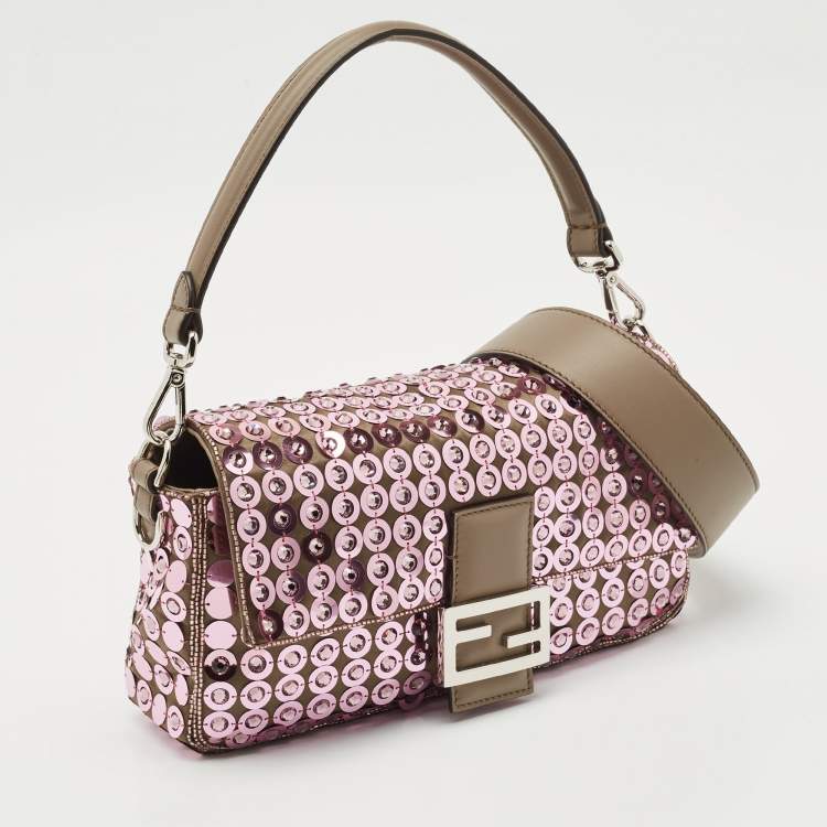 Pre Owned Fendi Pink/Beige Leather and Sequins Embellished Medium Baguette Bag