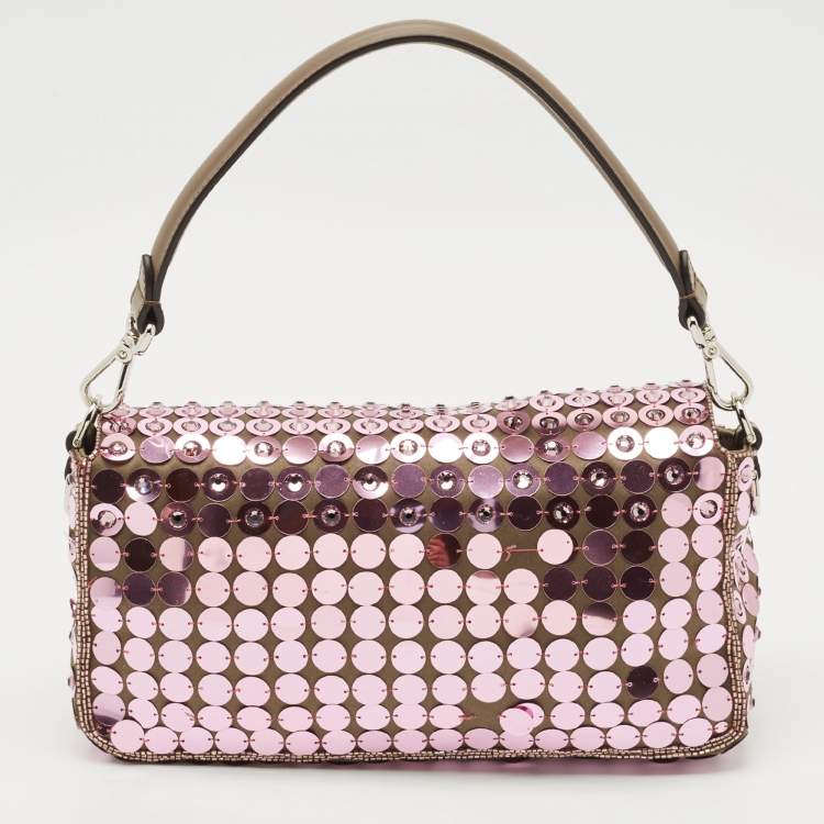Pre Owned Fendi Pink/Beige Leather and Sequins Embellished Medium Baguette Bag