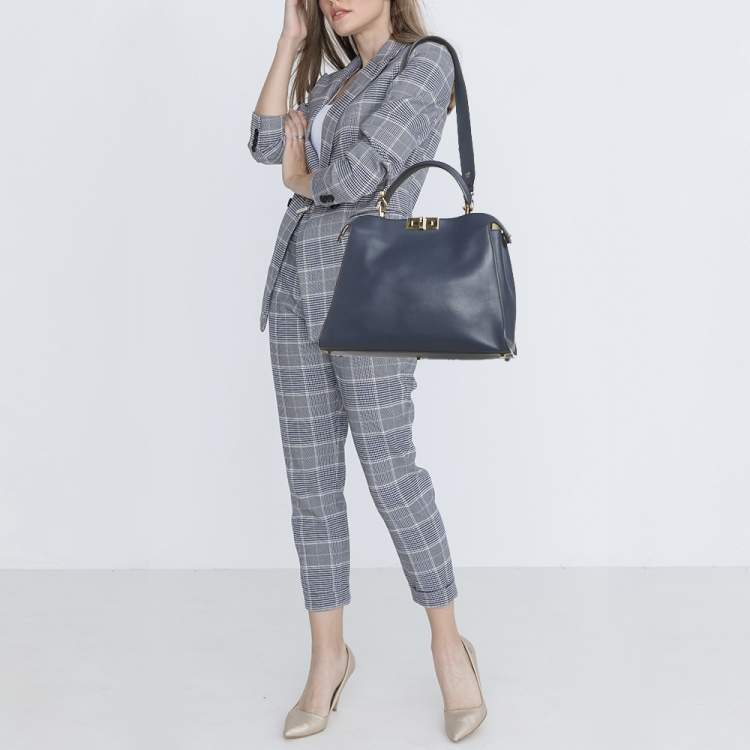 Pre Owned Fendi Navy Blue Leather Large Peekaboo Iconic Essentially Top Handle Bag