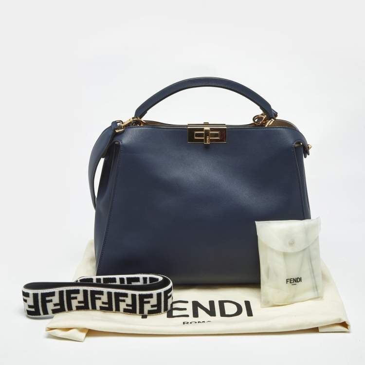 Pre Owned Fendi Navy Blue Leather Large Peekaboo Iconic Essentially Top Handle Bag