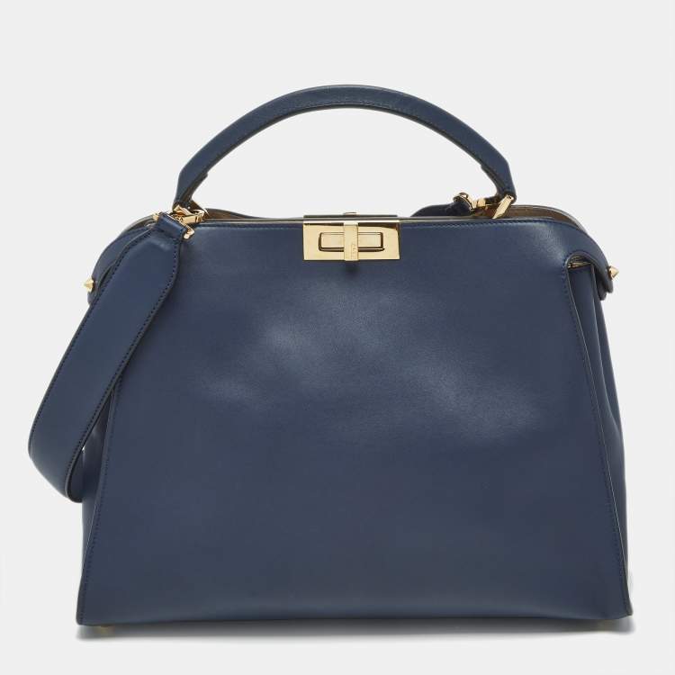 Pre Owned Fendi Navy Blue Leather Large Peekaboo Iconic Essentially Top Handle Bag